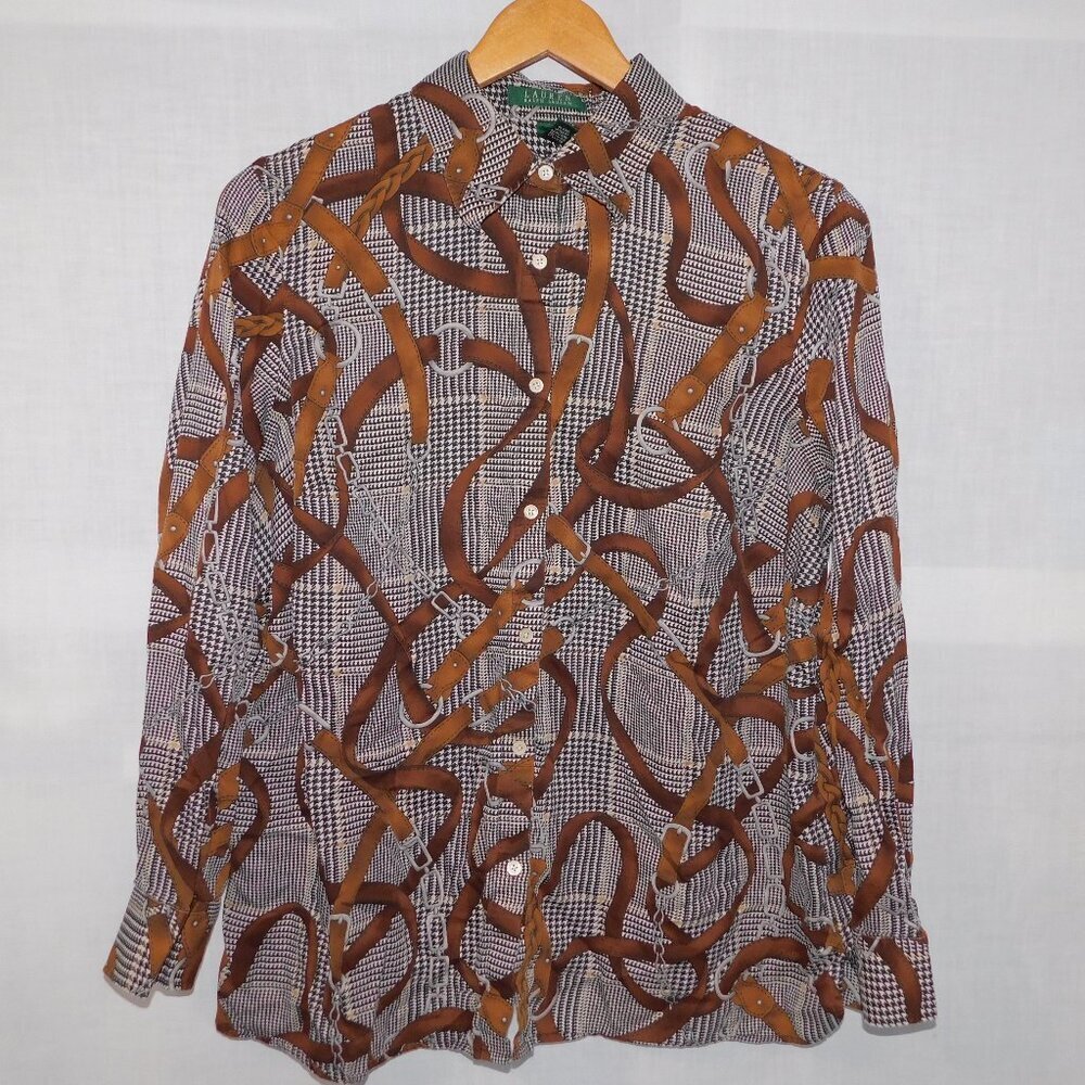 Lauren Ralph Lauren Equestrian  Houndstooth Brown Belt Buckle Blouse Plus 1X